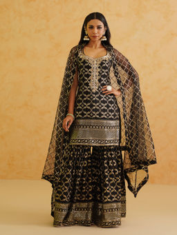 Deepika Chadha - Black Brocade Kurti with Sharara and Dupatta (Set of 3)