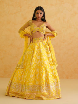 Deepika Chadha - Yellow Brocade Lehenga with Blouse and Dupatta (Set of 3)