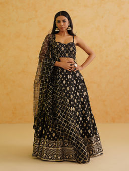 Deepika Chadha - Black Brocade Lehenga with Blouse and Dupatta (Set of 3)