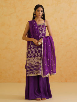 Deepika Chadha - Purple Brocade Kurta with Sharara and Dupatta (Set of 3)