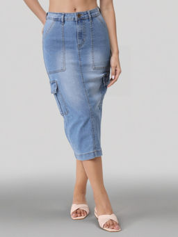 Style Quotient - Women Mid Blue A-Line Cargo Midi Skirt