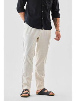 Snitch - Off White Solid Slim Casual Trouser