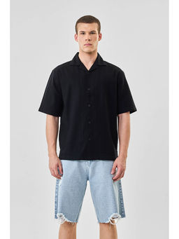 Snitch - Black Textured Half Sleeves Boxy Casual Shirt