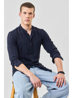 Snitch - Navy Blue Textured Full Sleeves Slim Casual Shirt