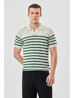 Snitch - Cream Stripes Half Sleeves Regular Casual Polo T-Shirt