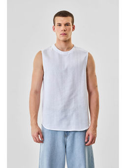 Snitch - White Textured Sleeveless Regular Casual T-Shirt