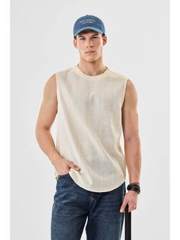 Snitch - Beige Textured Sleeveless Regular Casual T-Shirt