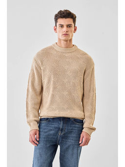 Snitch - Beige Textured Full Sleeves Regular Casual Sweater