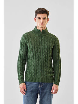 Snitch - Dark Green Cable Knit Full Sleeves Regular Casual Sweater