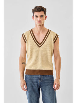 Snitch - Beige Striped Sleeveless Oversized Casual Sweater