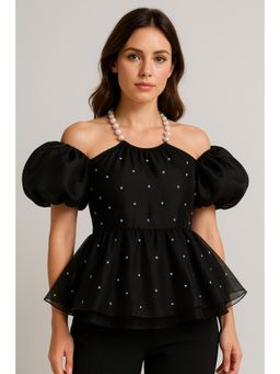 Heart Up My Sleeves - Black Halter Neck Puff Sleeve Top