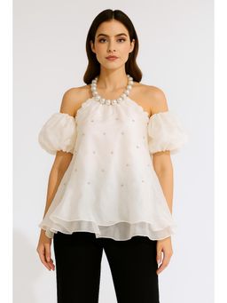 Heart Up My Sleeves - White Halter Neck Puff Sleeve Top
