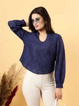 RAASSIO - Women Blue Cotton Net Top with Lining