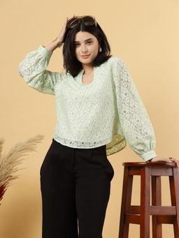 RAASSIO - Women Green Cotton Net Top with Lining