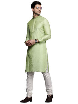 Manyavar - Mens Blended Cotton Embroidered Yoke Kurta Churidar (Light Green) (Set of 2)
