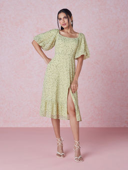 Twenty Dresses by Nykaa Fashion - Light Green Floral Puff Sleeves Midi Dress