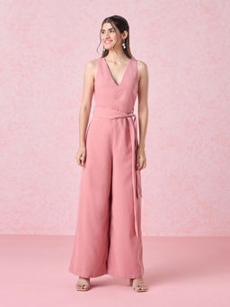 Twenty Dresses by Nykaa Fashion - Pink V Neck Sleeveless Jumpsuit (Set of 2)