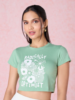 Twenty Dresses by Nykaa Fashion - Light Green Graphic Print Cropped T-Shirt