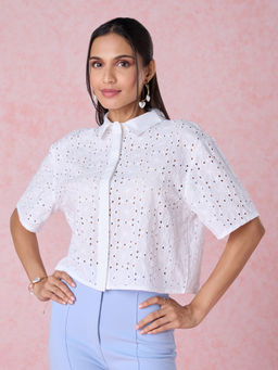 Twenty Dresses by Nykaa Fashion - White Boxy Short Sleeves Schiffli Shirt