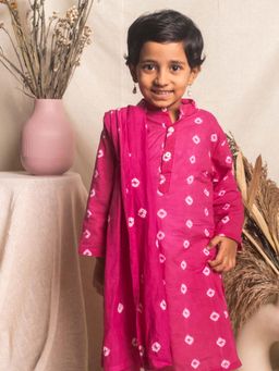 House of Ekam - Pink Bandhani Kurta, Pyjama with Dupatta (Set of 3)