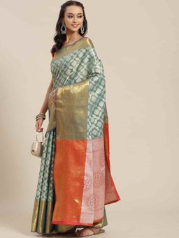 Silk Land - Brocade Heavy Silk Saree with Unsticthed Blouse Piece Green with Unstitched