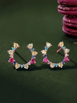 Ornate Jewels - 925 Silver 18K Rose Gold Multi Stone Crescent Moon Stud Earring For Women And Girls