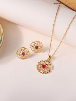 Ornate Jewels - 925 Silver 18K Gold Plated Red Ruby Necklace With Earring For Women (Set of 2)