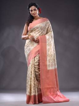 CHARUKRITI - White Dupion Silk Handwoven Saree With Unstitched Blouse