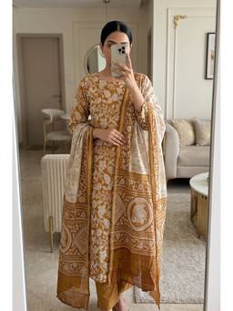 DEVRI - Mustard Maheshwari Silk Printed Unstitched Kurta and Pant with Dupatta