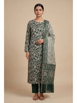 DEVRI - Green Maheshwari Silk Printed Unstitched Kurta and Pant with Dupatta