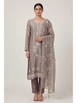 DEVRI - Mauve Tissue Crush Silk Embroidered Unstitched Kurta and Pant with Dupatta