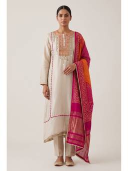 DEVRI - Beige Tissue Silk Hand Unstitched Kurta and Pant with Dupatta