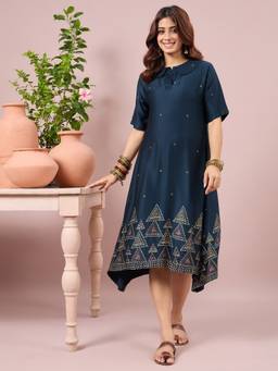 InWeave - Teal Dot Border Peter Collar Dress