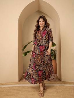 InWeave - Multicolor Leaf Shirt Collar Long Dress
