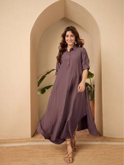 InWeave - Deep Mauve Solid Shirt Collar Dress