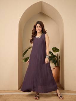 InWeave - Deep Mauve Round Neck W/S Long Dress