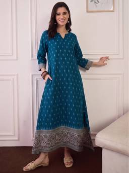 InWeave - Teal Ikat Border Round Neck Long Dress
