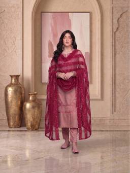 Ahalyaa - Pink Silk Blend Embroidered Kurta and Pant with Dupatta