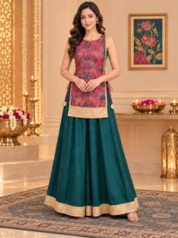 Ahalyaa - Pink Silk Blend Printed Kurti and Palazzo