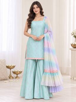 Ahalyaa - Sky Blue Cotton Blend Printed Kurta and Sharara with Dupatta