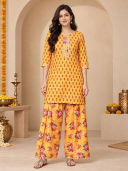 Ahalyaa - Yellow Silk Blend Floral Kurta and Salwar