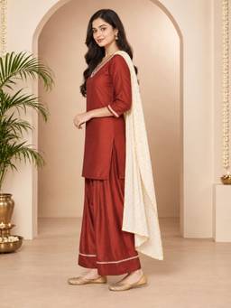 Ahalyaa - Maroon Silk Blend Solid Kurta and Salwar with Dupatta
