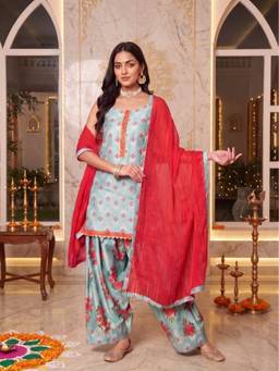 Ahalyaa - Blue Silk Blend Printed Kurta and Salwar with Dupatta