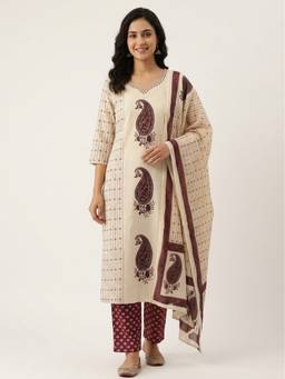 KAPLY - Off-White and Maroon Printed Straight Kurta with Trousers and Dupatta