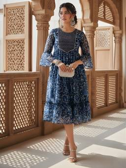 Dora Dori - Navy Blue Zari Embroidery Round Neck Yoke Tiers and Side Waist Tie Up Dress