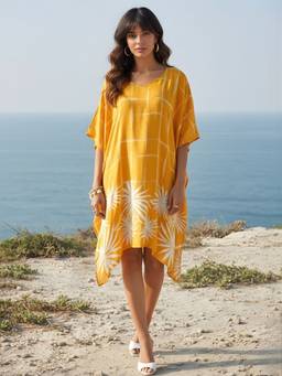 Dora Dori - Orange Digital Floral Printed V-Neck Kaftan Style Dress