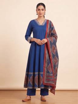 KAPLY - Blue Flared Printed Cotton Anarkali Kurta and Pant with Dupatta