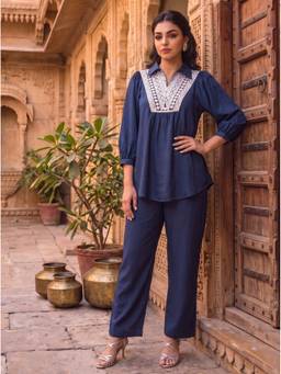 Dora Dori - Navy Blue Embroidered Co-ord Set