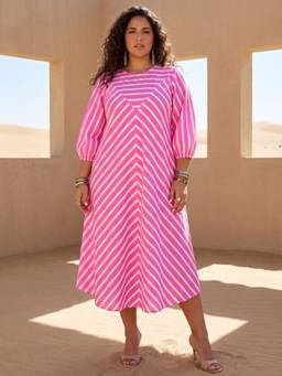 Dora Dori - Pink Cotton Striped Printed A-Line Dress