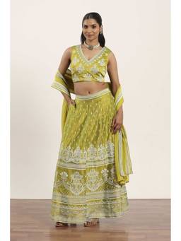Rangriti - Lime Green Polyester Kalidar Lehenga and Blouse with Dupatta